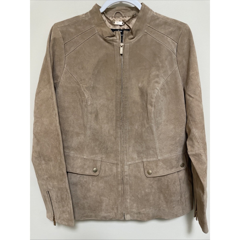 Dennis Basso Washable Suede Leather Zip Jacket Tan Beige Womens Medium NWT